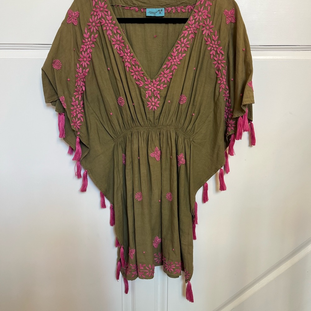 Boho Olive Green Kaftan with Pink Embroidery